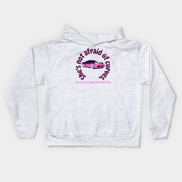 She's not afraid of curves, she drifts through them with style! Kids Hoodie by softprintables